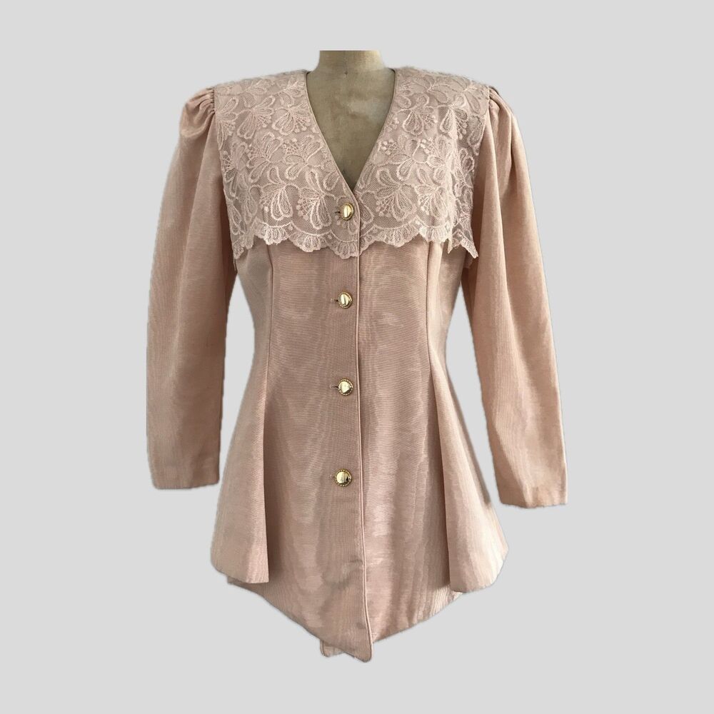 Vintage 1980s Karen Lucas Pastel Pink Lace Long Sleeve Peplum Blazer Jacket M